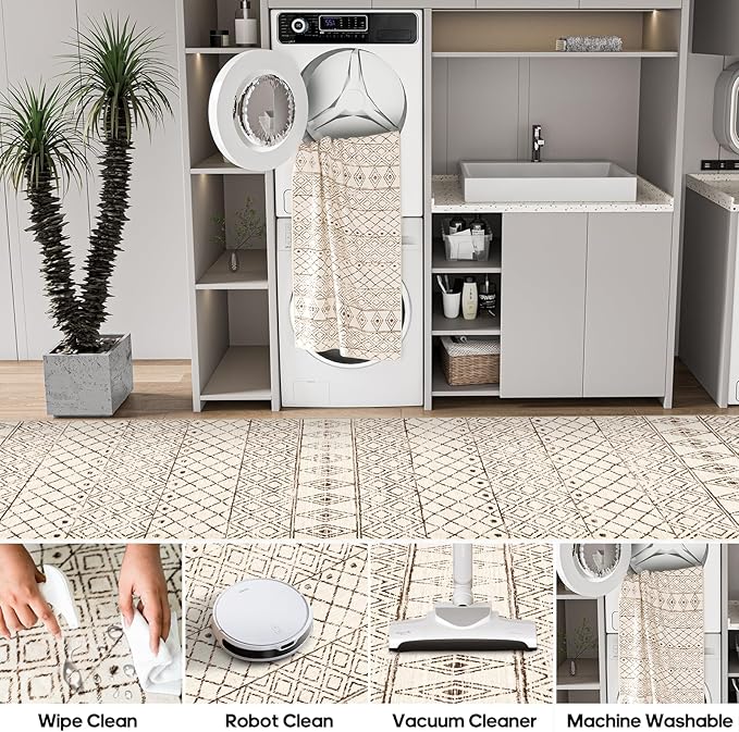 7x9 Area Rug for Living Room - Washable Rugs Moroccan Non-Slip Pet Friendly Stain Resistant Carpets for Bedroom Soft Low Pile Rug 7x9 Geo Beige