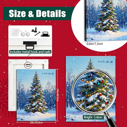 Snowy Christmas Tree Canvas Wall Art - Winter Wonderland Landscape Framed Canvas Prints for Home Office, Festive Christmas Wall Art Ready to Hang, Ideal Christmas Gifts & Holiday Decorations