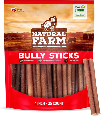 Natural Farm Odor Free Bully Sticks (4 Inch, 25 Pack) for Small & Medium Dogs - 100% Beef Chews for Pups, Non-GMO, Grain-Free, Fully Digestible Long Lasting Dog Treats