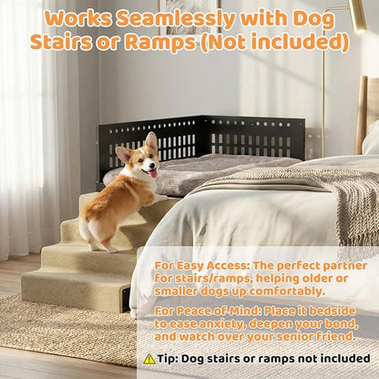 Beside Dog Bed,2 Panels Adjustable Height Dog Bunk Beds,35.4”x23.6” Metal Frame & Cushion, Converts to Bunk Bed or Bed Extension Attachment for Human Bed, for Medium Dogs