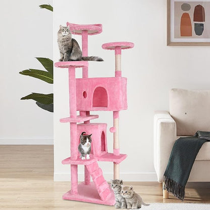 BestPet | 70" Cat Tree Tower | Pink | Sturdy, Easy to Assemble, Multi-Level Activity Center with Sisal Scratching Posts, Condos, Perches, Hanging Cat Toys, Observation Decks & Ladder