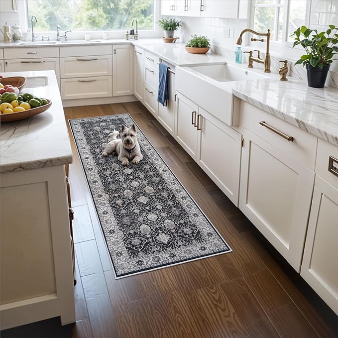 Hallway 2x5 Washable Runner Rug: Oriental Stain Resistant Kitchen Entryway Rugs Farmhouse Ultra Soft Bathroom Bedroom Print Floor Mat Thin Non Slip Indoor Carpet for Living Room Laudry(2X5,Black)