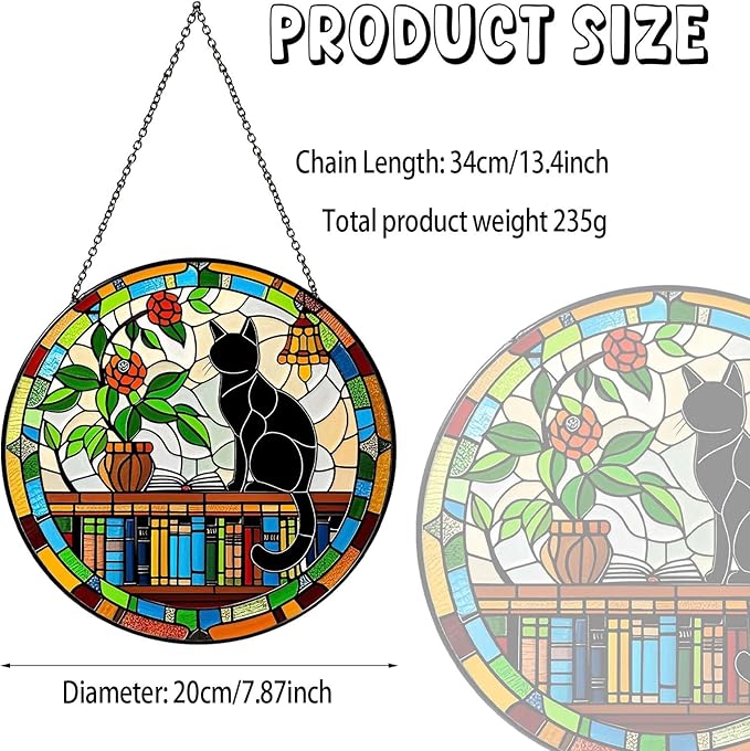 Cat Sun Catcher Stained Glass Window Hanging Book Lover Gifts for Women Book Wall Decor Handmade Sun Catcher Black Cat Sitting On Bookshelf Decoration for Home Room Housewarming Gifts