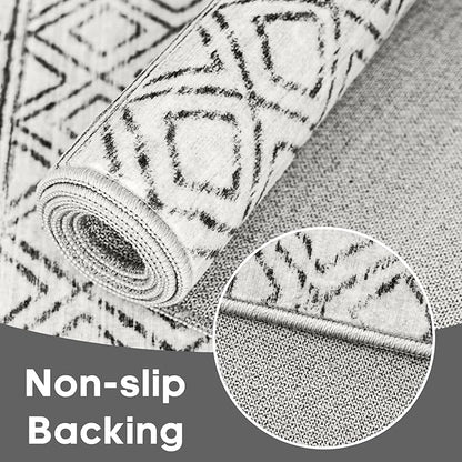 Washable Runner Rug 3x20 - Extra Long Runner Rugs for Hallways Low Pile Rug with Rubber Backing Floor Mat Non Slip Moroccan Indoor Carpet for Kitchen Bedroom Entryway 3x20 Geo Grey