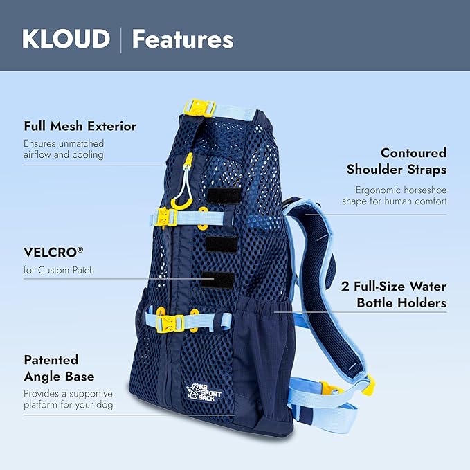 K9 Sport Sack Kloud - Large, Blue - Ideal for Dogs with 20-22” Back Length - Ultra-Light Mesh Backpack Carrier with Inflatable Frame