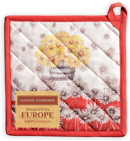 Maison d' Hermine Pot Holders 100% Cotton Heat Resistant Potholders 8" x 8" Hot Pads with Loop for Thanksgiving Christmas Decorations BBQ Cooking Baking Handling Hot Pans (Pack of 1, Bagatelle)