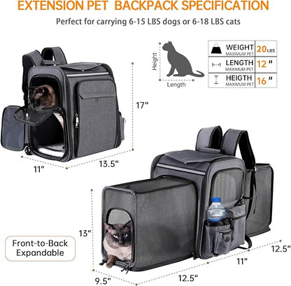 Cat Backpack Carrier,Double Side Expandable Cat Carrier Backpack,Dog Carrier Backpack for Medium Cats and Small Dogs,Puppies Up to 20 Lbs,Pets Carrier Backpack with Breathable Mesh(Grey)