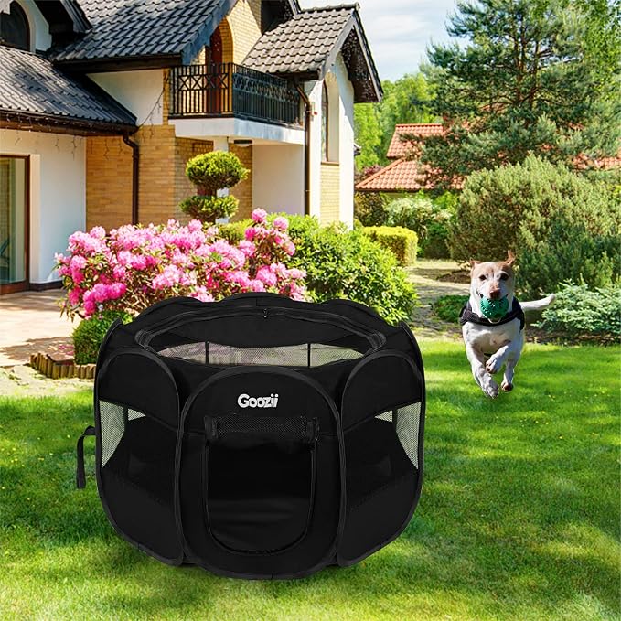 GOOZII Puppy Playpen Indoor for Small Dogs, Portalble Pet Dog Play Pens Kennel Crate with Top Cover Floor Door Enclosed for Large Cats Animal as Dog Lovers (Black, Medium Size)