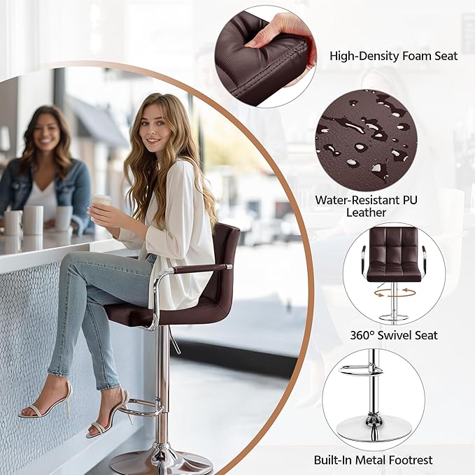 Yaheetech Bar Stools Set of 2, Adjustable PU Leather Swivel Barstools, Modern Counter Stools with Back and Footrest, Counter Height Barstools for Bar, Kitchen, Dining Room, Brown