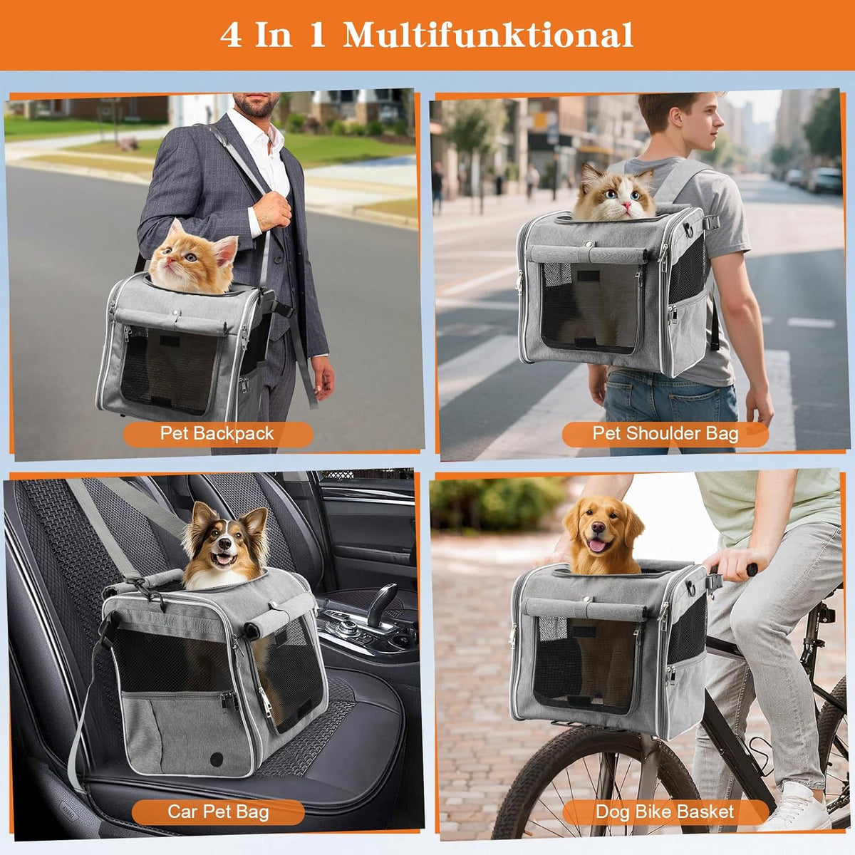 Xixter Dog Basket for Bike, Suitable for Small & Medium Pet Up to 7 kg, Foldable 4-in-1 Pet Bike Basket, Crossbody, Shoulder and Car Seat, with Sturdy Bracket and 4 Mesh Windows, Gray