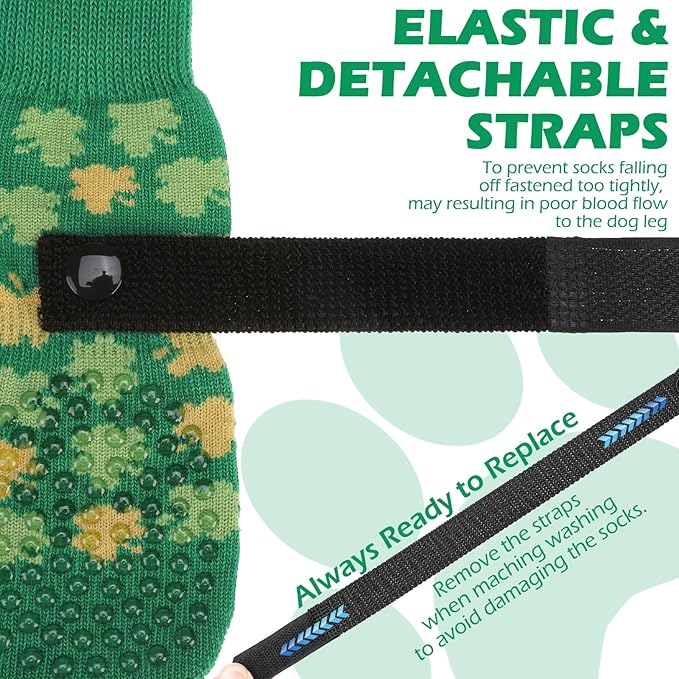 EXPAWLORER Anti Slip Dog Socks to Prevent Licking Paws, Dog Shoes Booties for Small Medium Large Senior Dogs, Traction Control Boots & Paw Protectors for Hardwood Floors St. Patrick's Day Green S