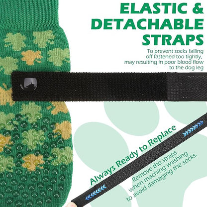EXPAWLORER Anti Slip Dog Socks to Prevent Licking Paws, Dog Shoes Booties for Small Medium Large Senior Dogs, Traction Control Boots & Paw Protectors for Hardwood Floors St. Patrick's Day Green S