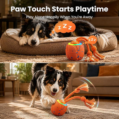 Smart Interactive Dog Toys, 3 Modes Automatic Rolling Ball, Chase Pet Toy with Rope & Barking Sound, Chew Resistant E-TPU, IPX7 Waterproof Rechargeable Ball for Medium Large Dogs, Orange