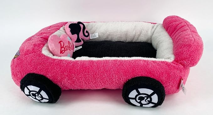 Barbie Plush Car Pet Bed- Themed Plush Pink Pet Bed for Dogs and Cats – Soft and Cozy Pet Bed with Barbie Pillow and Car Design