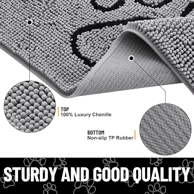 Smiry Dog Door Mat for Muddy Paws, Absorbent Dirt Trapper Non Slip Quick Dry Washable Chenille Mat for Mud Dogs, Entry Rug for Indoor and Outdoor (30x20 Inches, Grey)