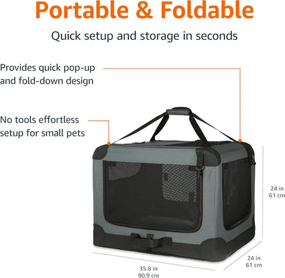 Amazon Basics 4-Doors Portable Soft-Sided Folding Travel Crate Kennel for cat, Dog, and Other Small Animals, Grey, L 36" x 24" x 24"