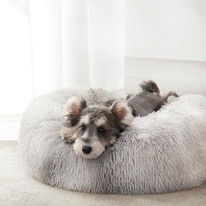 Western Home Calming Donut Small Dog Cat Bed Washable Puppy Bed,24" | Fluffy Faux Fur Round Cuddler,Anti-Anxiety,Anti-Slip Bottom,Pet Beds for Puppy&Small Dog&Large Cat,Up to 25 LBS White Grey