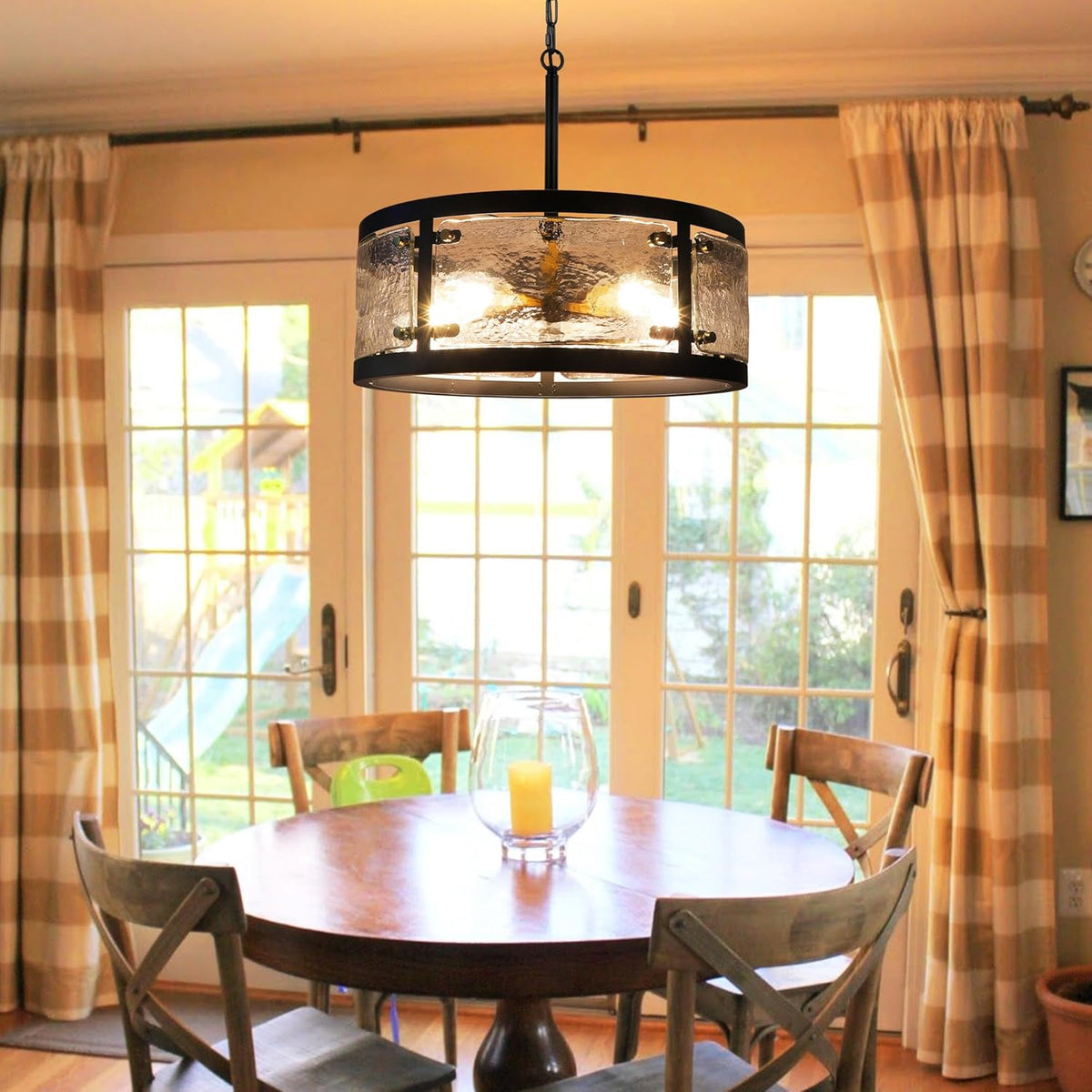 20" Farmhouse Round Black Chandelier, 5-Light Rustic Dining Room Light Fixtures Over Table, Industrial Glass Chandeliers for Dining Kitchen Living Room, Clear Waterglass Drum Shade