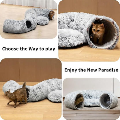 Cat Tunnel Bed for Indoor Cats with Washable Cushion Cat Cave Donut Tunnel with Fluffy Ball Big Round Tube Pet Playground Toys Soft Plush Peekaboo for Kitten, Cat, Puppy, Rabbit, Ferret