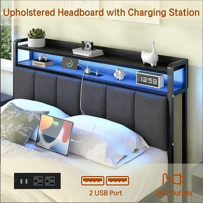 Twin Bed Frame with LED Lights and Charging Station, Metal Platform Bed Frame Twin with Upholstered Storage Headboard, Heavy Duty Metal Slats, No Box Spring Needed, Easy Assembly, Dark Grey