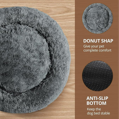JOLLYVOGUE Calming Dog Bed for Small Dogs - 23 inches Donut Washable Small Dog Bed for Kittens & Puppies, Anti-Slip Round Fluffy Plush Faux Fur Cat Beds (Fits up to 25 lbs Pets, Navy Grey)
