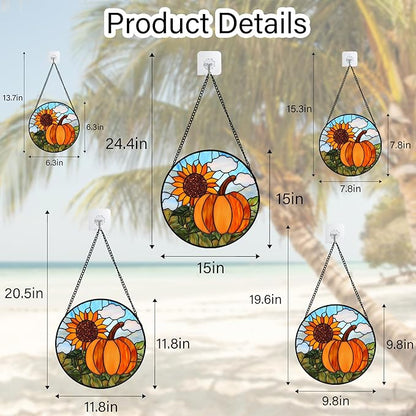 Stained Glass Window Hanging Fall Farm Scenery Sunflower Pumpkin Large 15" - Suncatcher Door Garden Kitchen Sunroom Sun Catcher Home Decor Birthday for Mom Grandma Men Woman