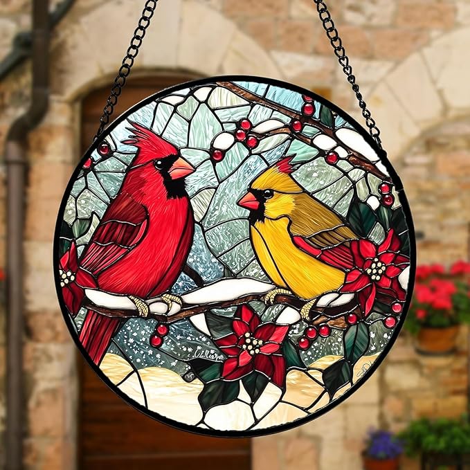 Stained Glass Window Hanging, Love Birds Cardinals Sun Catchers Colorful Glass Panel Birds Suncatcher Decor for Birthday for Women, Men, Wife, Lovers, and Mom 14.9x14.9 in