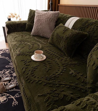 Green Fuzzy Rabbit Plush Sofa Cover Cozy Warm Sofa Couch Covers with 3D Jacquard Leaf Pattern Non-Slip Easy-to-Install Shaggy Sofa Slipcover Prefect for Kids Dogs Cats Cats(Green,36"x70")