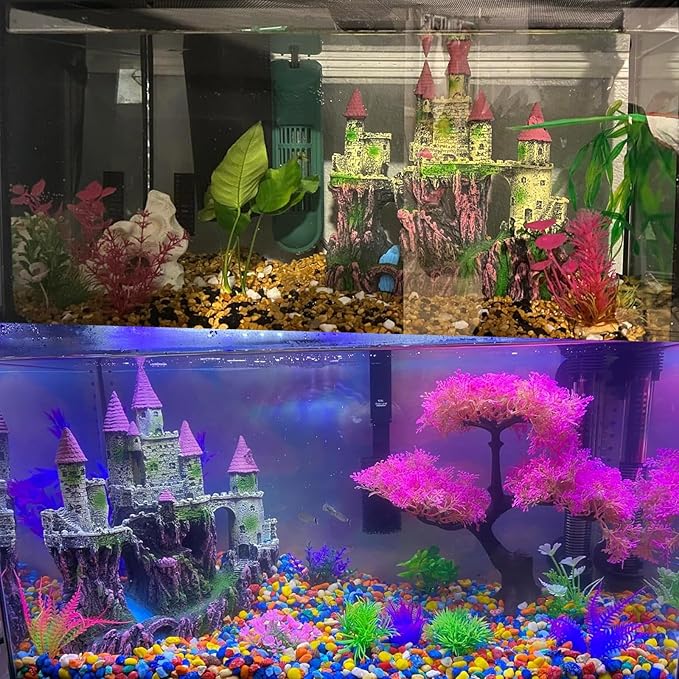 PINVNBY Aquarium Resin Castle Decoration,Fish Tank Driftwood Castle Cave Hideouts House Plants Supplies Accessories(Pink)