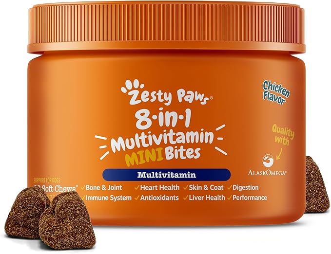Zesty Paws Dog Multivitamin, Chewable Dog Vitamins and Supplements for Hip & Joints, Skin & Coat, Omega 3 Fish Oil for Dogs- Senior & Puppy Multivitamin - Chicken Mini Bites- 90ct