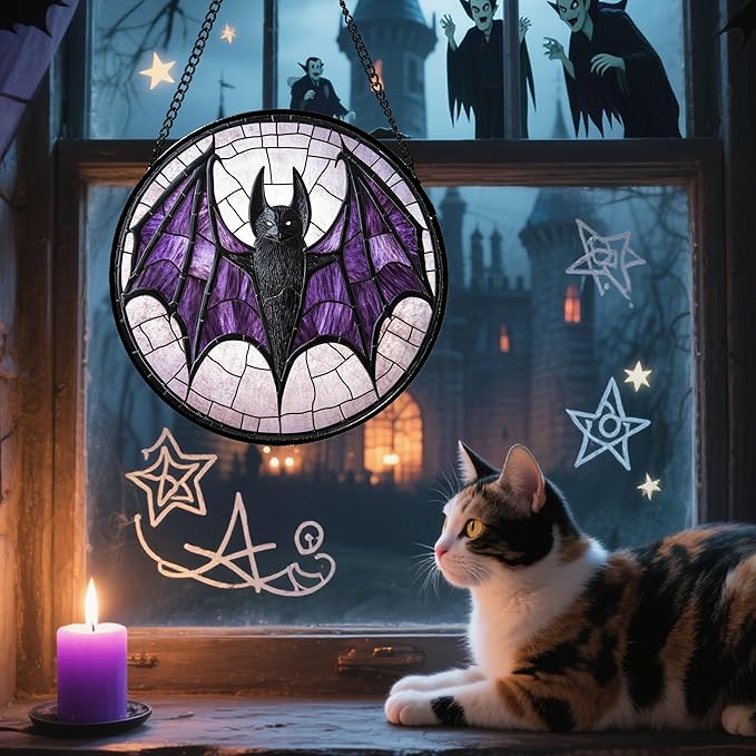 Stained Glass Window Hanging - Halloween Black Bat Purple Wings Monster Suncatcher for Doors Garden Home Spooky Sun Catchers Gothic Decor Horror Gift for Women Men Friend Boy Girl 9.8 in