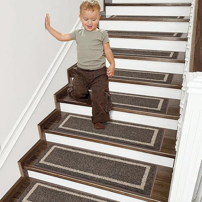 COSY HOMEER Soft Stair Treads Non-Slip Carpet Mat 28inX9in Indoor Stair Runners for Wooden Steps,Stair Rugs for Kids and Dogs, 100% Polyester TPE Backing 7pcs,Brown,Square