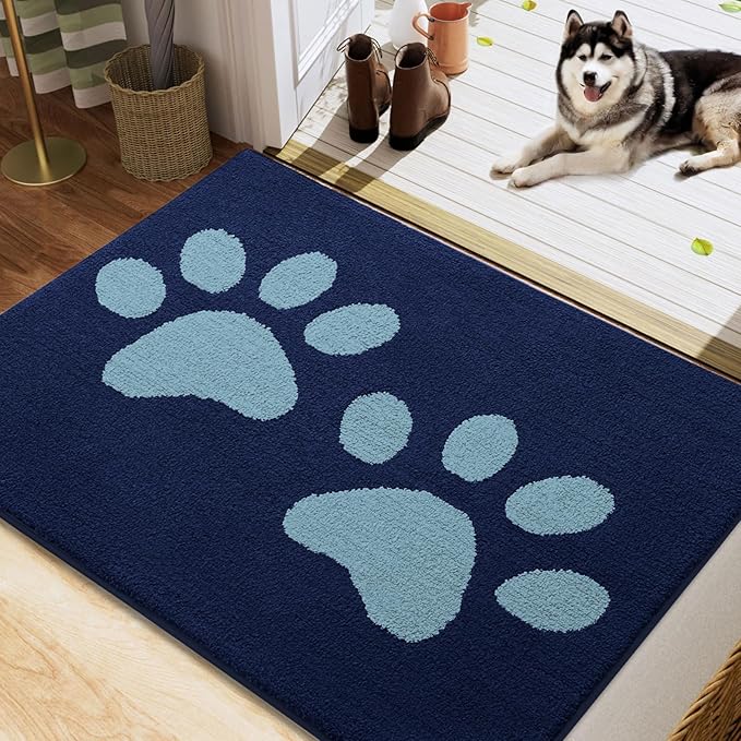 Buganda Dog Door Mat for Muddy Paws, Absorbent Dirt Trapper Washable Indoor Doormats, Non Slip Low-Profile Mud Mat for Dogs, Front Entrance Doormat for Inside Floor (40x32 Inches, Dark Blue)