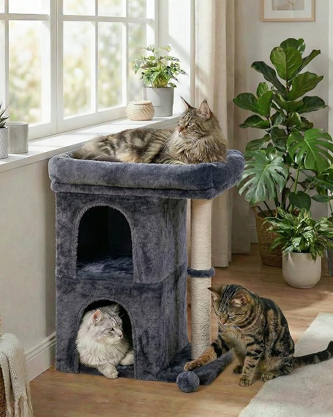 Aechonow Cat Tree for Large Cat, 19 * 16.5In Large Cat Perch, Adult Cat Tower for Indoor Cats with 24In Long Scratching Post, 2 Cozy Cat Condo House for Adult & Fat Cats, Dark Gray