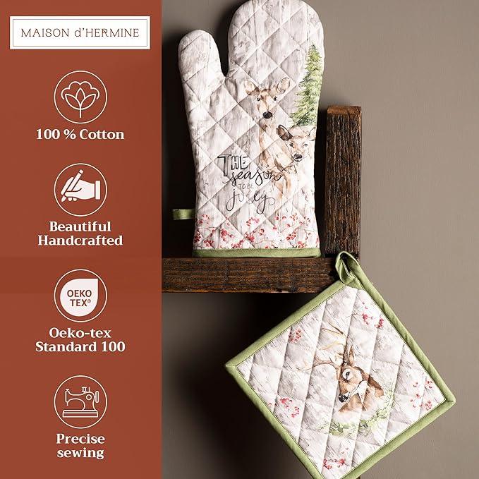 Maison d' Hermine 100% Cotton Oven Mitt & Pot Holder Set (7.5"x13" & 8"x8") Heat Resistant BBQ Cooking Gloves with Loop for Thanksgiving Christmas Decorations Handling Hot Pans (Mountain Life)