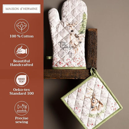 Maison d' Hermine 100% Cotton Oven Mitt & Pot Holder Set (7.5"x13" & 8"x8") Heat Resistant BBQ Cooking Gloves with Loop for Thanksgiving Christmas Decorations Handling Hot Pans (Mountain Life)