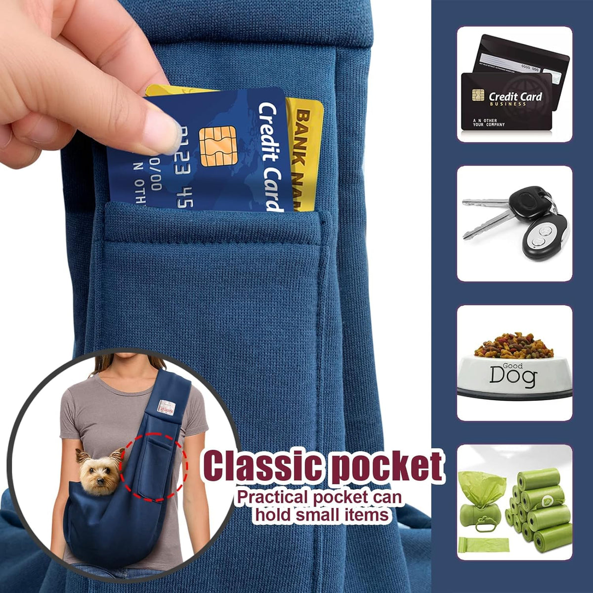 Pet Dog Sling Carrier for 3-10 lbs pet,Dog Purse Pouch,Dog Satchel,Reversible unadjustable Strap Travel Hand-Free Safe Bag Small Puppy Backpack (Dark Blue)