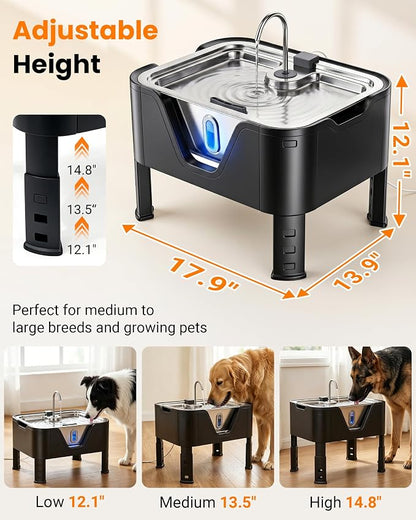 3.17Gal/ 12L Large Dog Water Fountain Elevated Dog Bowls with 3 Filters | 3-Height Adjustable Dog Water Bowl Dispenser, Quiet Stainless Steel Pet Water Fountain for Multi-Pet, Water Level Alert