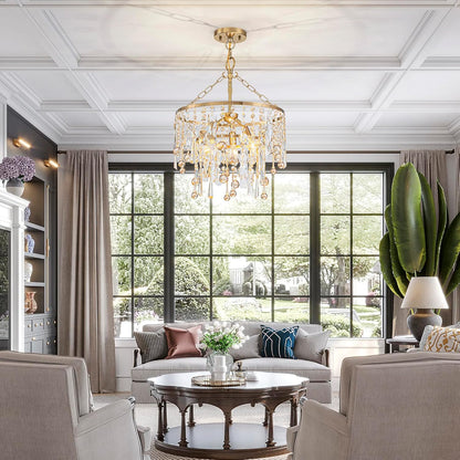 3-Lights K9 Crystal Chandeliers, Luxury Vintage Pendant Light Fixture for Dining Room, Living Room, D15*H20.4~66.8 inch (Adjustable), Clear Crystal & Gold Finish