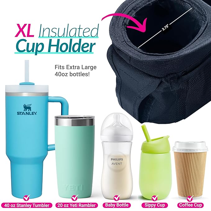 Swanoo Stroller Caddy Organizer With Cup Holder, Non Slip Straps Bag for Phone, Pet Stroller Accessories, Universal Fits Uppababby Vista v2 Wonderfold Wagon, Doona and More