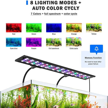 AQQA LED Aquarium Light, 24/7 Mode Clip on Fish Tank Light with Memory Function, DIY Mode Full Spectrum Aquarium Plant Light, Adjustable Timer/Brightness, IP68 Waterproof for 48-55 Inch Fish Tank 45W