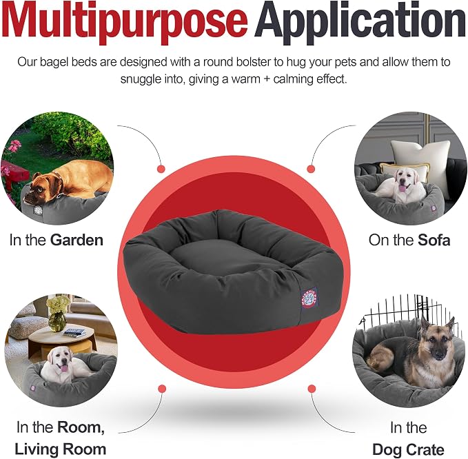 Majestic Pet Bagel Calming Dog Bed, 24 Inch Small, Round, Washable, Gray | Cozy Soft Fluffy Donut Pet Bed with Spine Support for Head Rest – Anti-Anxiety Comfort for Puppies & Dogs, 24x19x7 Inches