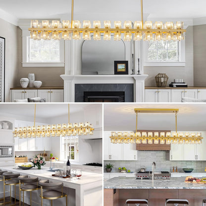 Crystal Brass Rectangle Chandeliers for Dining Room, 54in Gold Farmhouse Chandeliers for Dining Room, Modern Rectangle Crystal Chandelier for Kitchen Island Living Room, Includes 60XG4 Bulbs