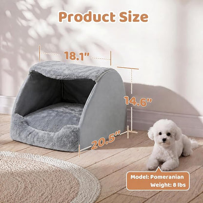 LATIBELL Indoor Puppy House Foldable Pet Tent Cave Bed ，Gray | Foldable Indoor Dog House With Removable Washable Soft Cushion, Covered Cave For Small Puppy