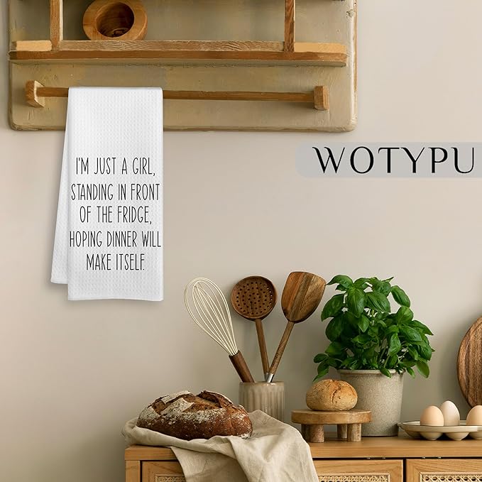 Funny Sarcastic Kitchen Towels, Funny Gifts Dish Tea Towel, I’m Just a Girl Standing in Front of The Fridge Humorous Hand Towels for Kitchen Decor, 16x24 Inch