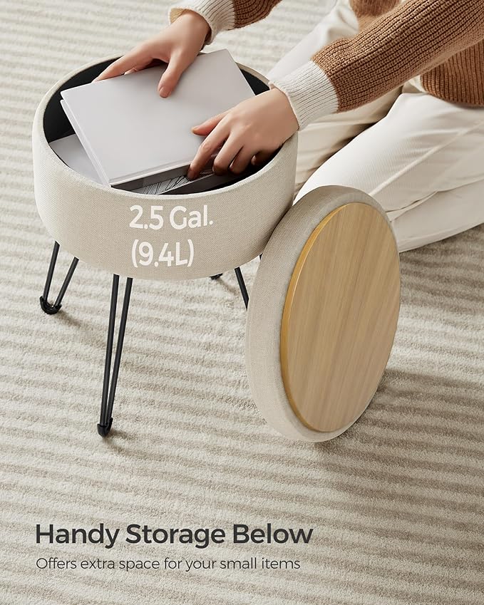 SONGMICS Vanity Stool Chair, Small Ottoman Stool with Storage, Vanity Chair, 15.4 Dia. x 17.4 Inches, 4 Metal Legs, for Makeup Room, for Living Room, Bedroom, Cream White ULOM002W01