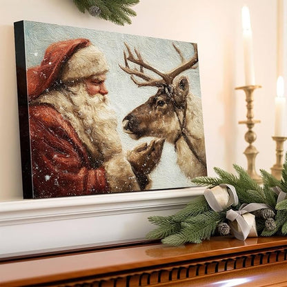 Santa Claus & Reindeer Christmas Canvas Wall Art - Festive Framed Print for Living Room & Office Decor, Ready-to-Hang Christmas Wall Art, Ideal Christmas Gifts & Holiday Decorations