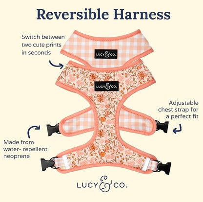 Lucy & Co. Reversible Dog Harness - Water-Repellent Neoprene, Dual-Print Design, Easy Swap Style, Adjustable Comfort Fit - Woodland Wildflowers Reversible Harness - Small