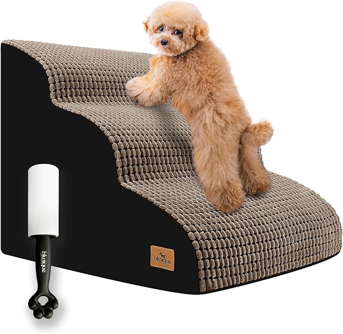 Dog Stairs for Bed 15.8'' H, 3 Step Dog Ramp for Small Dogs and Cats, Curved Dogs Steps for Sofa Couch or Chair, Portable Pet Stairs for High Bed Climbing, Non-Slip Balanced Pet Step Indoor, Brown