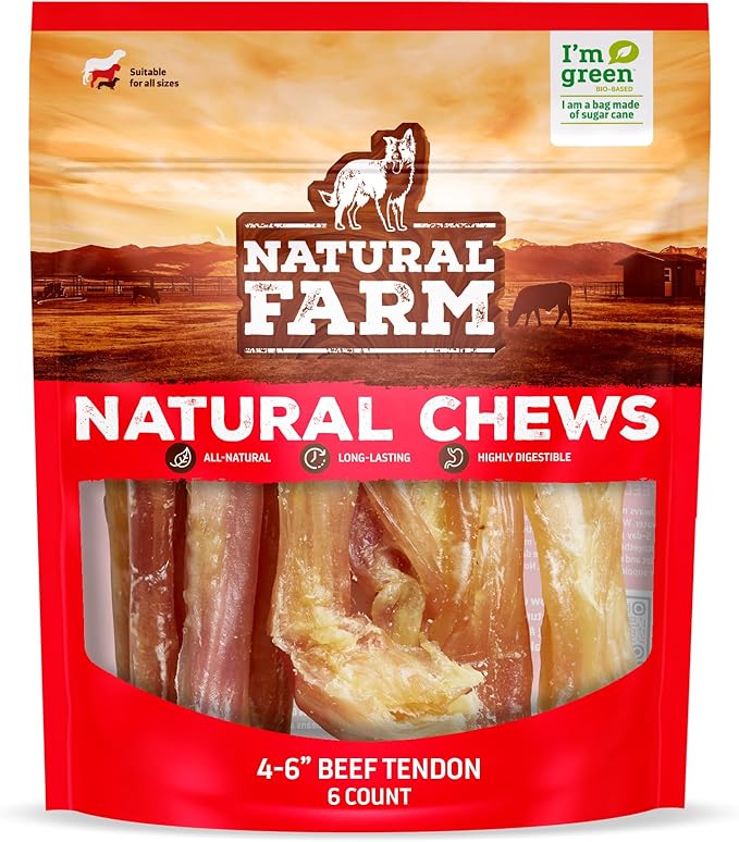 Natural Farm Extra-Thick Beef Tendons (4-6 Inch, 6 Pack), Natural Chondroitin and Collagen: Supports Healthy Joints, Great for Dental Health – Made & Packaged, All Dog Sizes